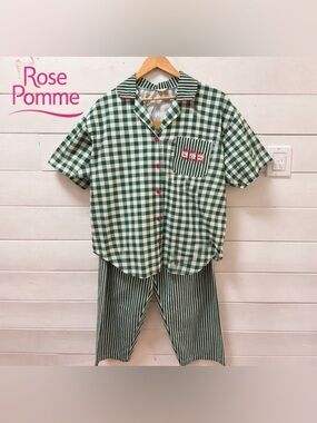 ROSE POMME Green Gingham Vintage Pajama Set Red Buttons Estimated Size L
